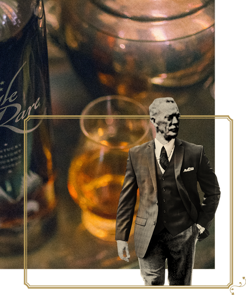A glass of bourbon collaged with an old image of Thomas S. Moore
