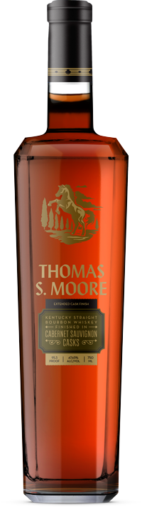 A bottle of Thomas S. Moore's Kentucky Straight Bourbon Whiskey Finished in Cabernet Sauvignon Casks.