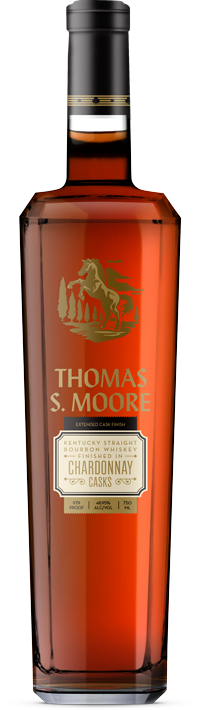 A bottle of Thomas S. Moore's Kentucky Straight Bourbon Whiskey Finished in Chardonnay Casks.